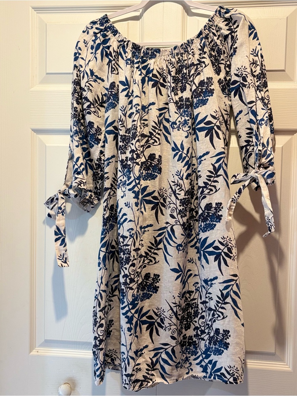 Valentina Naldi Blue White Floral Off-Shoulder Shift Dress Ties Linen Coastal L